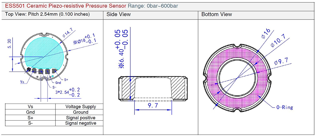 Drawing of ESS501 Monolithic ceramic pressure sensor cell