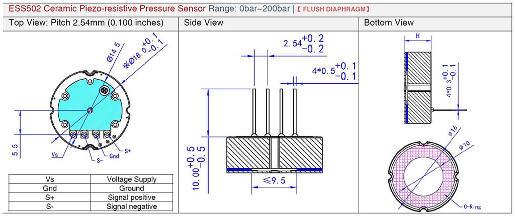 Drawing of ESS502 Flush diaphragm ceramic pressure sensor cell